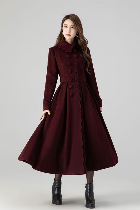 Stay warm and stylish this winter with the Burgundy princess winter wool coat.   SKU 4517  Link in bio   #WinterFashion #CozyStyle #WoolCoat #StayWarm #Fashionista #Xiaolizihandmade Winter Wool Dress, Warm Winter Dresses, Cloak Dress, Different Wedding Dresses, Clothing Wardrobe, Winter Coat Women, Winter Coat Dress, Womens Dress Coats, Princess Coat