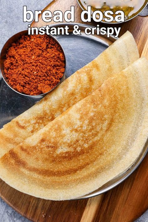 bread dosa recipe | instant rava bread dosa | dosa using leftover bread slices with step by step photo and video recipe. dosa or idli recipes are essential breakfast recipes for most of the south indians if not to all. these were traditionally made with a combination of rice and urad dal batter and later fermented to prepare a crisp or soft crepe or pancakes. but due to the cosmopolitan and mix of cultural influence to the south indian cuisine, there are many instant dosa recipes and one popular Pizza Bread Sticks, Leftover Bread Recipes, Samosa Recipes, Instant Dosa Recipe, Bread Snacks Recipe, Dosa Recipes, Masala Dosa Recipe, Medu Vada, Bread Pakora