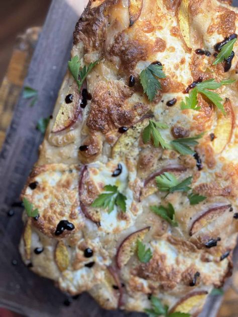 Peach + Mozzarella Focaccia - Acts Of Sourdough Peach Sourdough, Peach And Mozzarella, Peach Mozzarella, Bread Starters, Focaccia Recipes, Honey Balsamic Glaze, Sourdough Bread Starter, Focaccia Recipe, Bread Starter