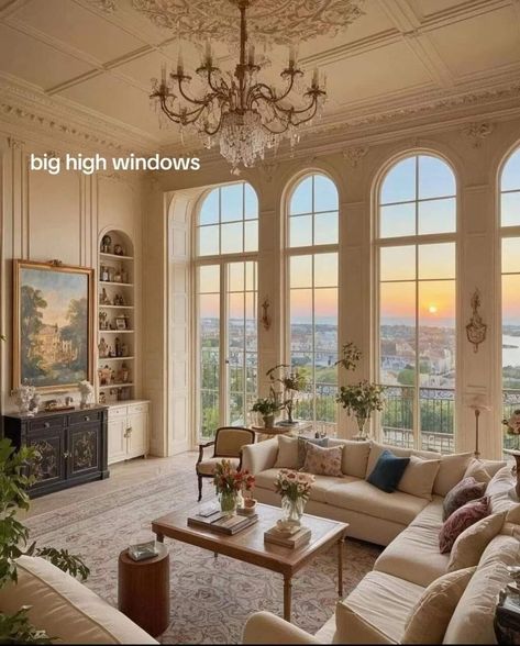 Paris Living Room Aesthetic, European Apartment, Fancy Living Rooms, Vaulted Ceiling Living Room, Parisian House, Apartment Exterior, High Windows, French Apartment, Sala Grande