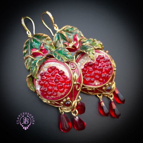 Persephone Earrings, Pomegranate Persephone, Pomegranate Art, Pomegranate Jewelry, Earrings Matching, Garnet Gem, Garnet Jewelry, Art Nouveau Style, Wing Earrings