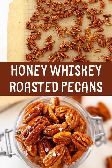 With this recipe, pecans never tasted better! These honey whiskey roasted pecans are salty and sweet - the perfect snack to put out for a party, or just to get you through the afternoon! Honey Pecans, Roasted Pecans Recipe, Honey Roasted Pecans, Cinnamon Roasted Almonds, Honey Whiskey, Healthy Nutrition Plan, Roasted Pecans, Nut Recipes, Roasted Nuts