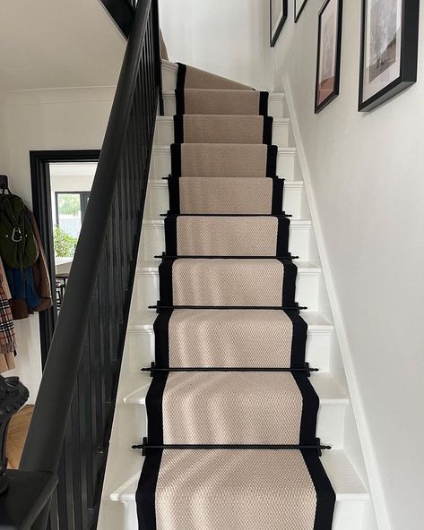 We loved this one, our client came to us with a particular look that she was after and the finishing product - you can just see for… | Instagram Stair Runner Black Trim, Black Staircase With Runner, Black Stairs With Runner, Stair Runner Ideas, Matt Black Door, Downstairs Hallway, Black Staircase, Stairs Landing, Staircase Runner