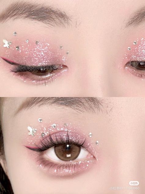 Pink Eye Look With Gems, Eyeshadow Korean, Inspo Sketch, Pop Makeup, Formal Ideas, Concert Makeup, Rhinestone Makeup, Eye Gems, Fashion Girly