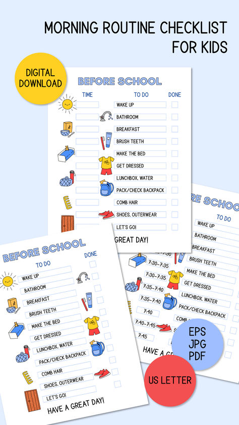 Morning To Do List, Printable Morning Routine Chart, Before School Checklist For Kids, To Do List For Kids, Routine Checklist Printable, Morning Routine Checklist For Kids, Kids Morning Routine, Kids Morning Checklist Free Printable, Kids Checklist Daily Routines