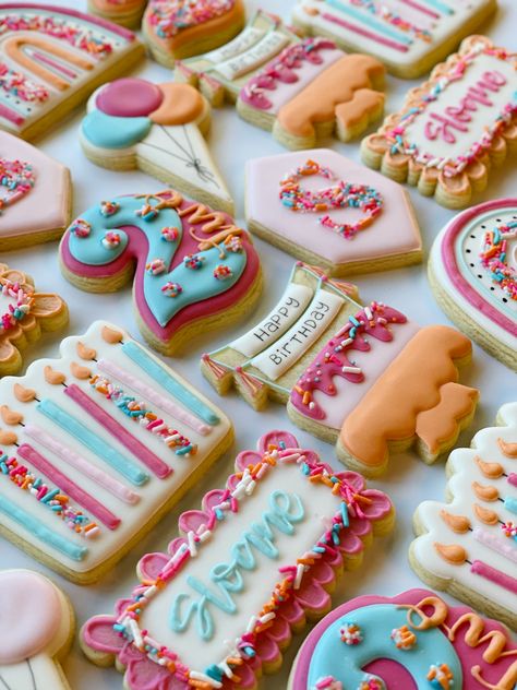 Sprinkle Themed Cookies, Four Cookies Decorated, Sprinkle Cookies Decorated, Mini Birthday Cookies Decorated, Decorated Cookie Photography Styling, Iced Birthday Cookies, Sprinkle Decorated Cookies, Iced Cookie Designs, Colorful Birthday Cookies