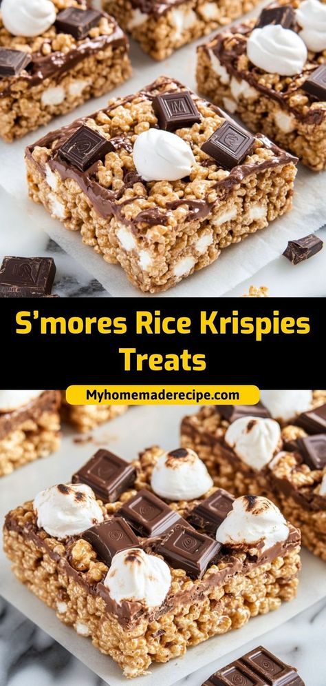 These s’mores Rice Krispies treats combine all the flavors of s’mores with gooey marshmallows and chocolate. A fun, no-bake treat! Ingredients: 4 cups Rice Krispies cereal 1 cup mini marshmallows ½ cup chocolate chips ¼ cup crushed graham crackers Enjoy these treats as a simple, delicious dessert Rice Krispie Chocolate, Rice Krispies Cereal, Chocolate Rice Krispies, Chocolate Rice Krispie Treats, Rice Krispies Treats, Cheesecake Ice Cream, Krispies Treats, Marshmallow Treats, Sweet Treats Recipes