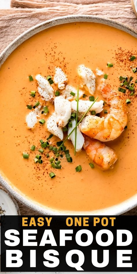 Learn how to make a restaurant-quality seafood bisque the easy way & in just one pot! This fool-proof recipe is loaded with lump crab, shrimp and tons rich flavor in every bite! This is more than just a soup - it's a seafood experience you and your family will love! (In-Depth Step-by-Step Photos Included!) Easy Bisque Soup Recipes, Seafood Bisque Recipe Easy, Shrimp Bisque Recipe, Bisque Recipes, Crab Bisque Recipe, Seafood Bisque Recipe, Bisque Soup Recipes, Lobster Bisque Soup, Seafood Soup Recipes