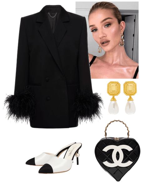 #elegant#black#chanel. Discover outfit ideas for everyday made with the shoplook outfit maker. How to wear ideas for Feather-Trimmed Wool Blazer By and Makeup Look - Rosie Feather Clothes, Feather Outfit, White Runway, Spring Ideas, Elegant Look, Fall Inspo, Black Leather Heels, Black Feathers, Outfit Maker