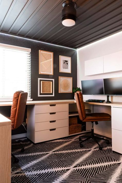 DIY Small Home Office for Two an IKEA Desk Hack | ©GarrisonStreetDesignStudio | DIY | Desk | Small Home Office | For Two | IKEA Desk Hack | IKEA Galant | IKEA Office | Dual Home Office | Small | 10x10 | U Shaped | Two Person Desk | With Storage | His & Hers | Black and White | Wood | Double Office Ideas Layout | Dual Office Ideas Home | Double Home Office | Double Work Station| Home Office | Setup | Office for Two People | Setup | Floor Plan | Design | IKEA Desk DIY | IKEA Office Hack Home Office For Two People Ikea, L Shaped Double Desk, Small Office With Two Desks Layout, 2 Person Home Office Desks, Architects Home Office, Small Office With 2 Desks Ideas, Small Office For Two People Layout, Double Desk Office Ideas, Home Office With 2 Monitors