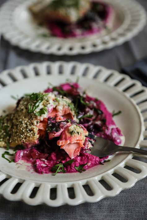 Hemp Crusted Salmon with Beet Hummus, Greens, and Lemon-Tahini Sauce | Healthy Fish Recipes Hummus Dinner, Hummus Healthy, Crusted Salmon Recipes, Lemon Tahini Sauce, Seafood Meals, Dinner Party Dishes, Beet Hummus, Healthy Weeknight Dinners, Donna Hay