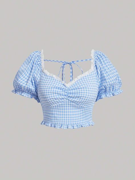 SHEIN USA Gingham Top, Gingham Tops, Gingham Print, Printed Ties, Crop Blouse, Plus Size Blouses, Mode Fashion, White Casual, Tie Backs