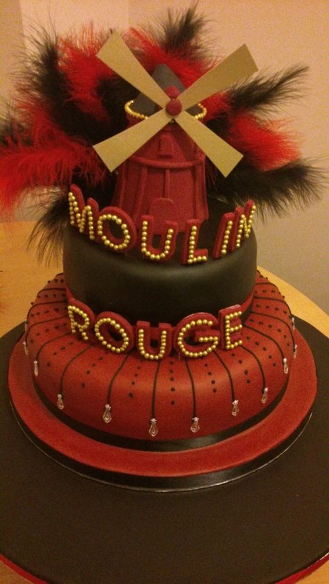 Moulin Rouge Cake by Sharon Bailey Lots of trail and error in this cake and the sails would stick on when made of flowerpaste, and when they finally did one snapped off :( ended up with gold card sails but still looks good. Moulin Rouge Cake Ideas, Moulin Rouge Cake, Burlesque Party Theme 40th Birthday, Moulin Rouge Invitation, Burlesque Theme Party, Moulin Rouge Satine, Satine Moulin Rouge Pink, Red Hotel, Chef Cake