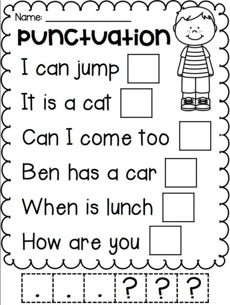 Teaching Punctuation, Punctuation Activities, Punctuation Worksheets, 1st Grade Writing, First Grade Worksheets, First Grade Writing, 2nd Grade Worksheets, Worksheets For Kindergarten, Homeschool Learning