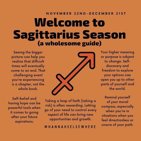 Hannah’s Elsewhere (Han)⚡️ on Instagram: "Sagittarius Season starts in a couple days ♐️ Who is looking forward to the switch from a Scorpio Stellium to a Sagittarius Stellium? 🙋🏻‍♀️😆 I appreciate the renewal Scorpio Season brings, but I love the excitement and optimism Sag Season brings more! Here are a few wholesome things to remember as we enter this uplifting season 🧡 Happy Birthday to all you solar Sagittarian’s ☀️ ⚡️ ⚡️ ⚡️ ⚡️ #astrology #firesigns #watersigns #earthsigns #astrologymemes Sagittarius Stellium, Scorpio Stellium, Sag Season, Sagittarius Season, Scorpio Season, Things To Remember, Fire Signs, Earth Signs, Leap Of Faith