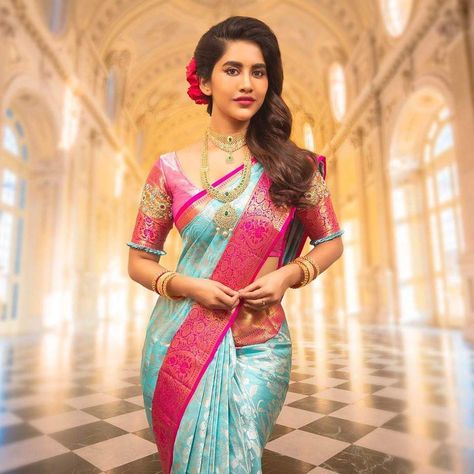 Blue Kanchi Pattu Saree, Pink Kanchi Pattu Saree, Pink Sarees, Nabha Natesh, Varalakshmi Vratham, Indigo Saree, Dj Photos, Pink Border, Modern Saree