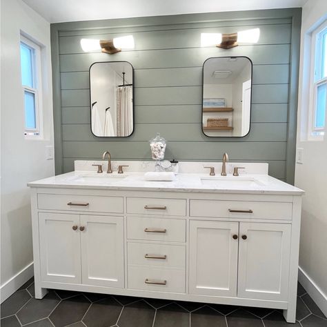 Kylie M. Online Paint Color Expert, Updates, Home Design | Here’s the other side of the last bathroom. SOOOO FRIGGIN’ BEAUTIFUL! You’re looking at the ever-lovely SW Evergreen Fog on the shiplap… | Instagram Sage Green Shiplap Bathroom, Evergreen Fog In Bathroom, Painted Shiplap Bathroom, Evergreen Fog Bathroom, Sw Evergreen Fog, Shiplap Bathroom Wall, Evergreen Fog, Bathroom Wall Colors, Painting Shiplap