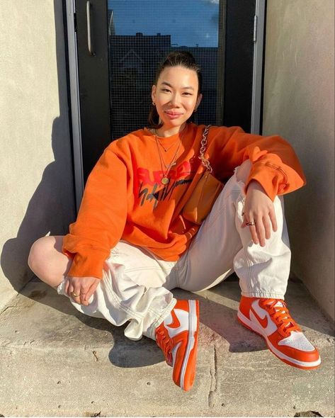 Orange Dunks Outfit, Outfit With Jordan 4, Fall Tomboy Outfits, Low Dunks Outfit, Orange Dunks, Orange Shirt Outfit, Orange Streetwear, Kids Outfits Daughters, Dunks Outfit