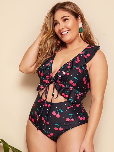 Plus Cherry Print One Piece Bikini | SHEIN USA Famous Wrestlers, Plus Size One Piece, Swimwear Online, Bra Types, Cherry Print, Wedding Dresses Plus Size, Shein Style, Plus Size Swimwear, Monokini