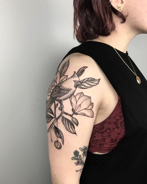 Emi Lynn Holler on Instagram: “Cardinal and magnolia for Melissa  Made at @luckysnoho” Cardinal Tattoo, Cardinal Tattoos, Magnolia Tattoo, Piercing Tattoo, Flower Tattoo, Magnolia, Tatting, Tattoo Ideas, Piercings