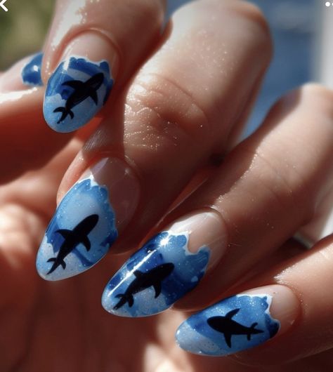 Shark Inspired Nails, Scuba Diving Nails, Shark Nails Acrylic, Whale Shark Nails, Shark Nail Designs, Whale Nails, Shark Nail Art, Shark Nails, Animal Nail Designs