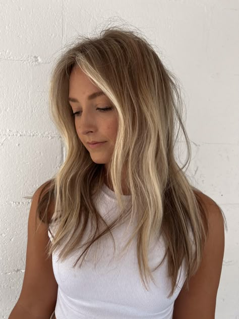 #brondehair #hairinspo #livedinhaircolor #dimensionalblonde #matildadjerfhair #haircolor #blondehair Rogue Blonde Hair, Natural Blonde Balayage Dark Roots, Straight Bronde Haircolor, Sunkissed Blonde Hair Balayage, Money Pieces On Dirty Blonde Hair, Surfer Haircut Women, Natural Blonde Hair Balayage, Natural Money Piece, Low Maintenance Balayage Bronde