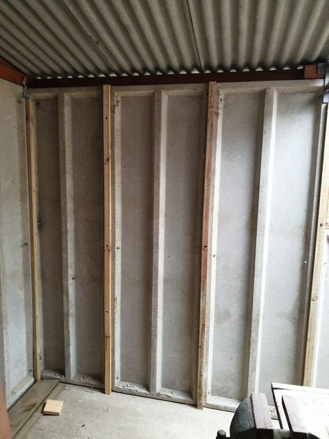 DIY concrete panel garage cladding Concrete Garage Makeover, Garage Cladding Ideas, Insulating A Garage, Garage Cladding, Concrete Interior Wall, Shed Cladding, House Sauna, Concrete Sheds, Prefab Garages