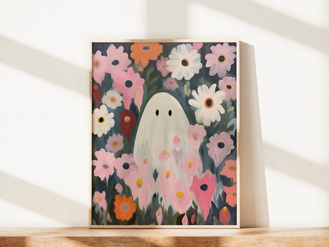 Cute Ghost Painting With Pink Daisies Retro Daisy Ghost - Etsy Canada Cute Ghost Painting, Ghost Printable, Ghost Painting, Retro Ghost, Pink Daisies, Ghost Print, Retro Daisy, Halloween Printable, Bedroom Canvas