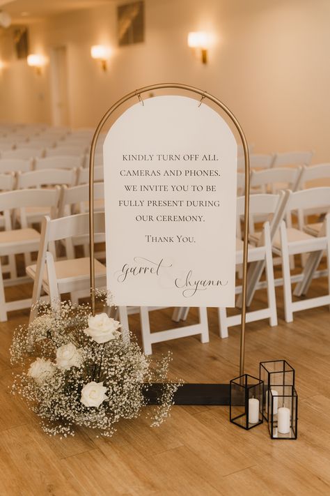 Arched sign and sign holder adding the perfect modern touch to your unplugged sign. Wedding Welcome Signs Arch, Table Sign Holders, Timeless Wedding Signage, Classy Wedding Signage, Wedding Ceremony Signage, Signs Needed For Wedding, Sign In Table For Wedding, Welcome Wedding Table, Ceremony Welcome Table