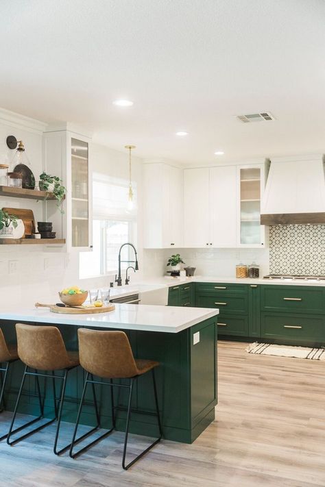 Dark Green Kitchen Ideas, Small Portable Kitchen Island, Kitchen With Dark Cabinets, Mid Century Modern Kitchen Remodel, Green Kitchen Ideas, White Upper Cabinets, Moody Kitchen, Black Fixtures, One Wall Kitchen