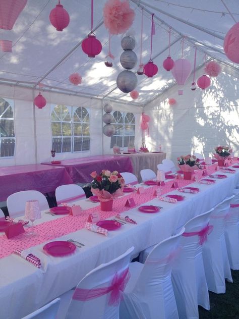 Outdoor Birthday Set Up Ideas, Party Tent Decorations Pink, Party Canopy Decorations, Pink Tent Party, Party Tent Decorations Birthday, Party Tent Decorating Ideas, Party Tent Decorations, Lila Party, Pink Tent