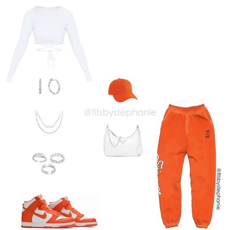 Orange Crop Top Outfit Black Women, Orange And White Outfits For Black Women, Orange And White Dunks Outfits, Orange Nike Dunks Outfit, Orange Joggers Outfit, Jogger And Crop Top Outfit, Orange Dunks Outfit, Orange And White Jordans, Orange Shoes Outfit