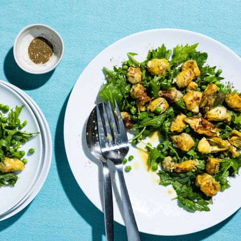 Crispy Artichoke Salad with Lemon Vinaigrette | America's Test Kitchen Recipe Fried Artichokes, Salad With Lemon Vinaigrette, Artichoke Salad, Fried Artichoke, Donut Toppings, Crunch Recipe, Salad With Lemon, Cookie Toppings, Caramel Tart