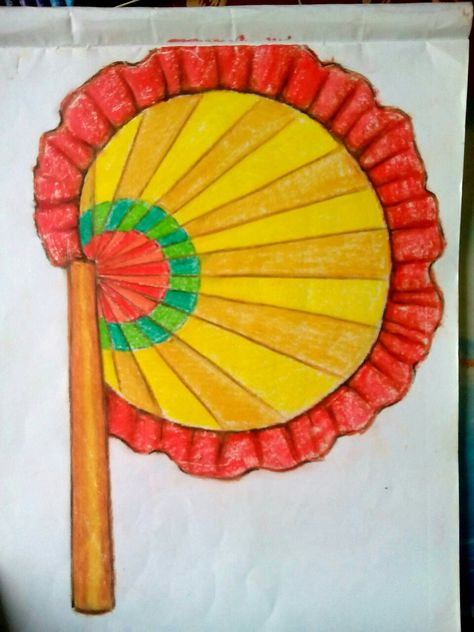 Hand fan (using pastel colour) Hand Fan Drawing For Kids, Hand Fan Painting, Hand Fan Design Drawing, Hand Fan Drawing, Hand Fan Design, Basic Drawing For Kids, Students Drawing, Drawing Pictures For Kids, Scenery Drawing For Kids