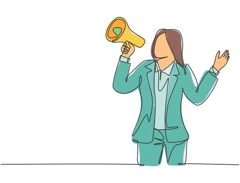 Single continuous line drawing of young angry businesswoman shouting loudly using megaphone to train her speak. Public speaking practice concept one line draw graphic design vector illustration Public Speaking Drawing, Public Speaking Illustration, Graphic Design Vector, Speaking Practice, Single Line Drawing, Continuous Line Drawing, Single Line, Continuous Line, Public Speaking