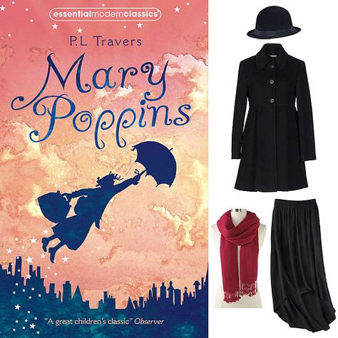 Mary Poppins Since the most familiar version of Mary Poppins comes from Disney's movie adaptation, stick with the Julie Andrews style. Layer a vintage-inspired black coat over a black maxi skirt, add a red scarf, and put on a bowler hat. Your must-have Literary Costumes, Mary Poppins Costume, Jane And Michael, Teacher Costumes, Book Character Costumes, Literary Characters, Cats Musical, Halloween Costumes Makeup, Fantasias Halloween