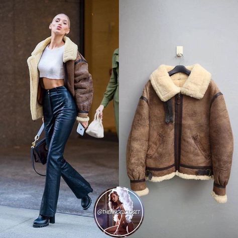 Shearling Leather Jacket Outfit, Brown Shearling Jacket Outfit, Brown Aviator Winter Outerwear, Brown Shearling Aviator Jacket, Shearling Jacket Outfit, Brown Leather Aviator Outerwear, Sherling Jacket, Brown Shearling Aviator Outerwear, Sheepskin Aviator Outerwear With Padded Collar