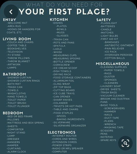 First Home Kitchen Checklist, Things Needed In A Bedroom, What To Buy First Apartment, List Of Everything You Need For A House, Things I Need For My First House, Apartment Things To Buy, Things To Buy For Future Home, First Appartement Tips, New Place Checklist