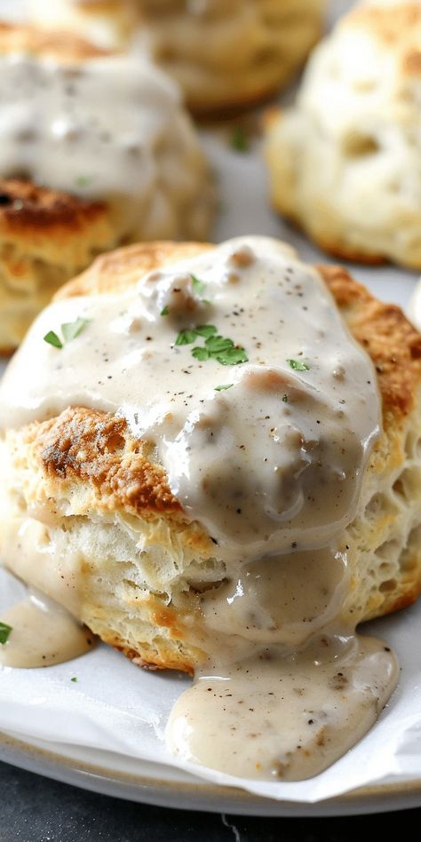 Southern-Style Biscuits & Sausage Gravy [40 Minutes] – Chasety Southern Style Biscuits And Gravy, Country Biscuits And Gravy, How To Make Biscuits And Gravy, Crock Pot Sausage Gravy, Gravy Recipe For Biscuits And Gravy, Buiscits And Gravy Recipes, Buiscits And Gravy Sausage, Fluffy Homemade Biscuits, Sage Gravy