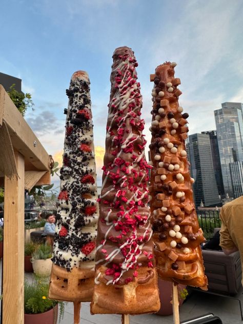 Waffles on a stick Waffle On A Stick Ideas, Waffle Pops Sticks, Waffle Pops Toppings, Waffle Sausage On A Stick, Lolly Waffle Sticks, Waffles On A Stick, Waffle Truck, Waffle Stick, Waffle Party