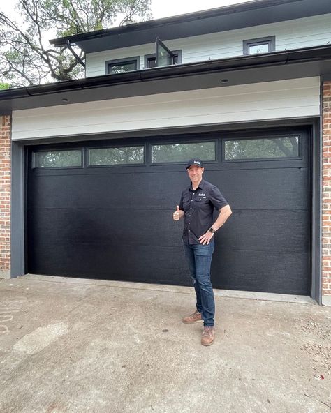 Matt Risinger on Instagram: “My new black super insulated (R17.5!) @theoverheaddoor garage door is installed! It’s a 16x8 door Thermacore Flush Panel, 5760 Black ,…” Modern Garage Doors With Windows, Modern Black Garage Door, Flush Panel Garage Door, Siding Remodel, Black Garage Door, Black Garage Doors, Contemporary Garage Doors, Garage Door Colors, Industrial Garage