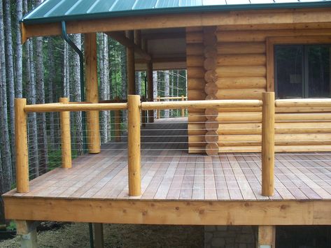 Stairs & Railings Gallery #1 - Creasey Log Homes Log Home Deck Ideas, Log Home Deck Railing Ideas, Wood Stairs Railing, Log Stairs, Cabin Decks, Wood Railings For Stairs, Rustic Deck, Deck Rails, Porch Railing Designs