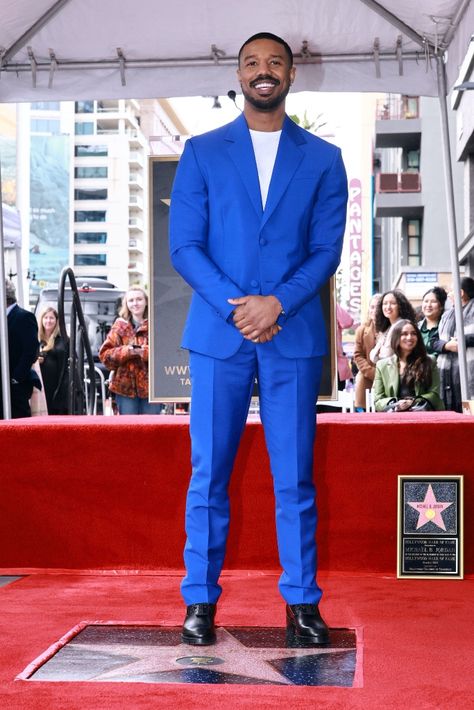 Versace Suit, Bright Blue Suit, Michael Bakari Jordan, Michael B Jordan, White Crew Neck, Red Suit, Hollywood Walk Of Fame Star, Walk Of Fame, Hollywood Walk Of Fame