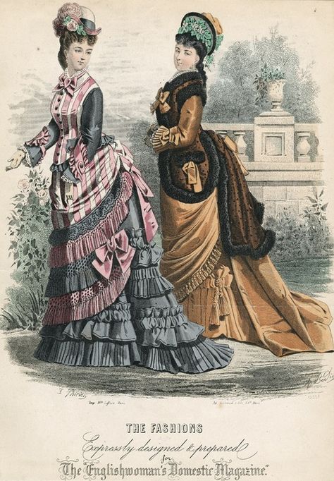 October fashions, 1875 England, The Englishwoman’s Domestic Magazine 1875 Fashion, 1870s Dress, 1870 Fashion, Victorian Bustle, 1870s Fashion, Victorian Era Fashion, October Fashion, Victorian Costume, 19th Century Fashion