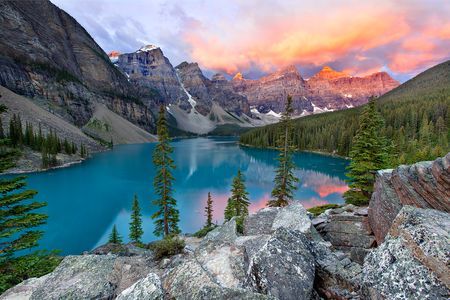 Sunrise at Moraine Lake Photo by Charlie Nuttelman -- National Geographic Your Shot Lac Moraine, Sunrise Wallpaper, Moraine Lake, Lake Photos, Mountain Wallpaper, Photography Competitions, Mountain Photography, Lake Sunset, Mountain Art