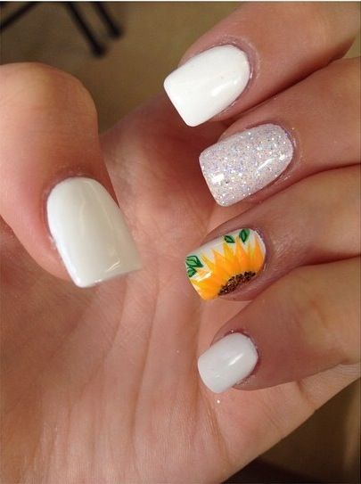 Sunflower nails Nails Sunflower, Sunflower Nails, Nails Wedding, Bride Nails, Dream Nails, My Nails, Short Acrylic Nails, Best Acrylic Nails, Flower Nails