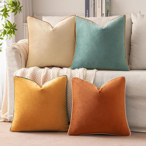 PRICES MAY VARY. Velvet MATERIAL: Made of premium velvet, soft to the touch and comfortable to lay on. Includes 1 yellow velvet pillow cover + 1 teal velvet pillow cover+ 1 orange velvet pillow cover + 1 beige velvet pillow cover, 18 x 18 inches (approx.45 cm). Pillow inserts NOT INCLUDED. COLOR BLOCK DESIGN:One set has 2 different colors with a contrast piping edge design to create multiple styles. The different color design can help you create a variety of styles for your home. HIDDEN ZIPPER:I Cream Couch Colorful Pillows, Navy And Rust Living Room, Modern Couch Pillows, Burnt Orange Living Room, Cream Couch, Cozy Home Library, Pillows Living Room, Apartment Deco, Gold Throw Pillows