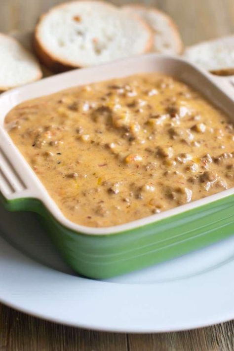 Easy Hamburger Dip with Real Cheese - The perfect game day dip or appetizer, made with REAL cheese. Get the recipe from COOKtheSTORY Hamburger Cheese Dips, Hot Beer Cheese Dip, Hamburger Dip, Nacho Dip, Beef Dip, Beer Cheese Dip, Easy Hamburger, Cheese Dip Recipes, Football Food