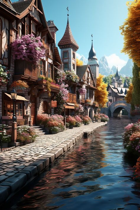 Fantasy Location Inspiration, Fantasy Canal City, Fantasy River City, Fairy City, Canal City, Fantasy Town, New Fantasy, Fantasy City, Fantasy Setting