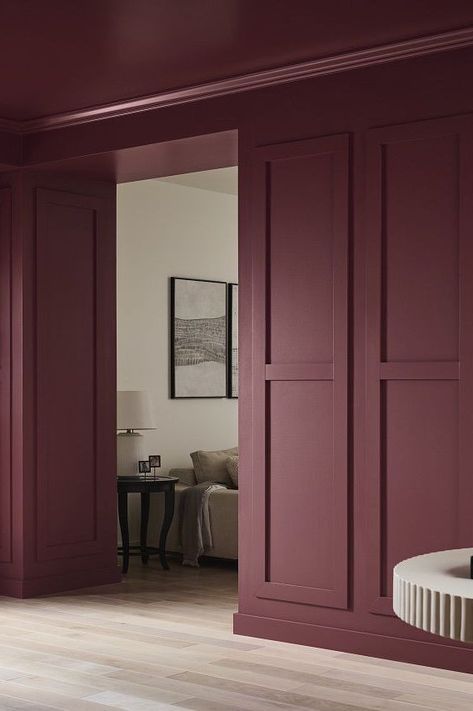 Behr Paint just revealed its 2025 Color of the Year as Rumors, a deep and dynamic ruby red that reimagines this classic shade. #details #easyhomedecorideas #homedecorinspiration #homeimprovementideas #marthastewart Sherwin Williams Stolen Kiss, Raddichio Farrow And Ball, Sw River Rouge, Deep Red Wall Paint, Rumors Behr Paint, Maroon Ceiling, Loft Paint Color Ideas, Burgundy Accent Wall Living Room, Mulberry Paint Color